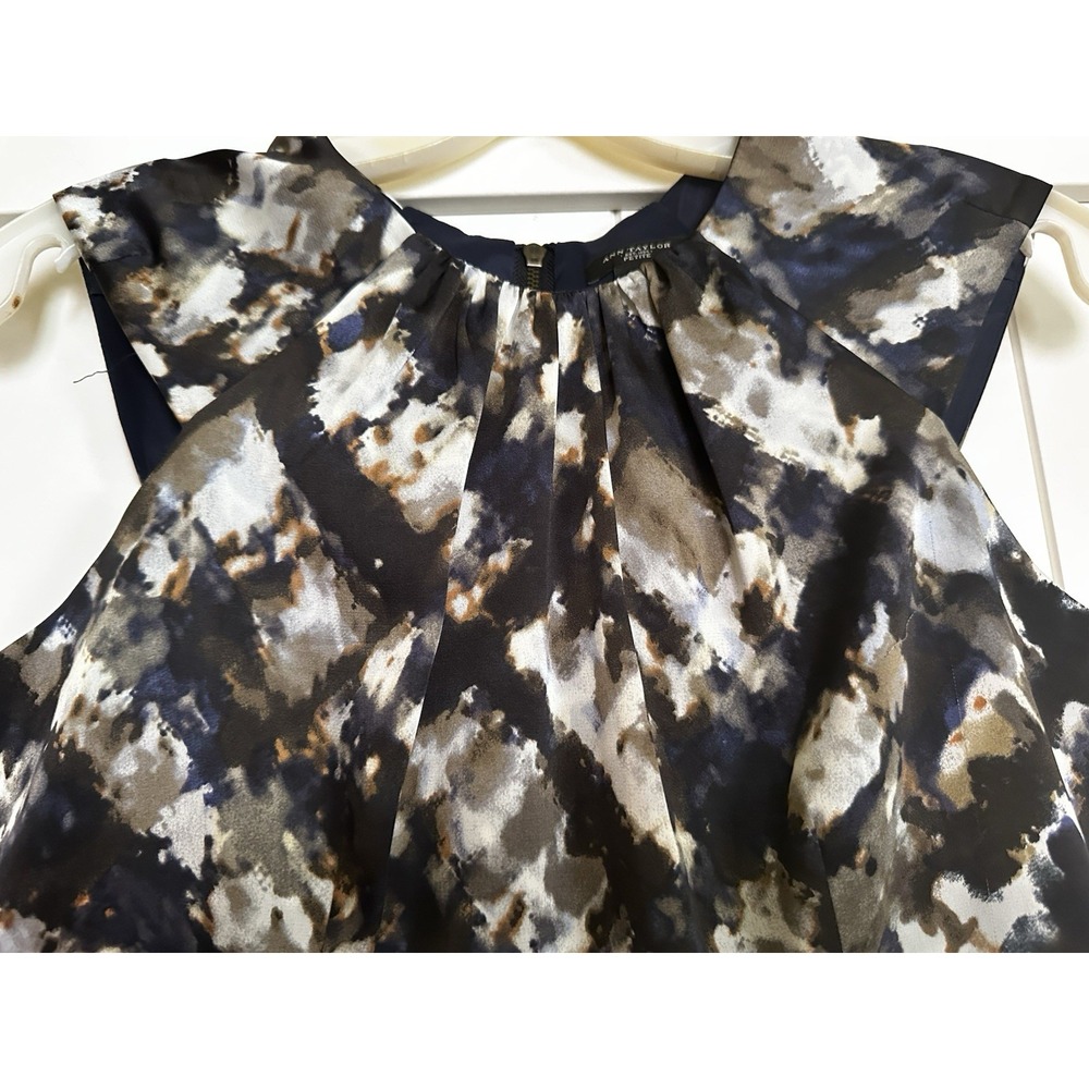 Ann Taylor Navy Blue & Brown Abstract Print Dress Cap Sleeve Size‎ O Petite - Picture 2 of 5